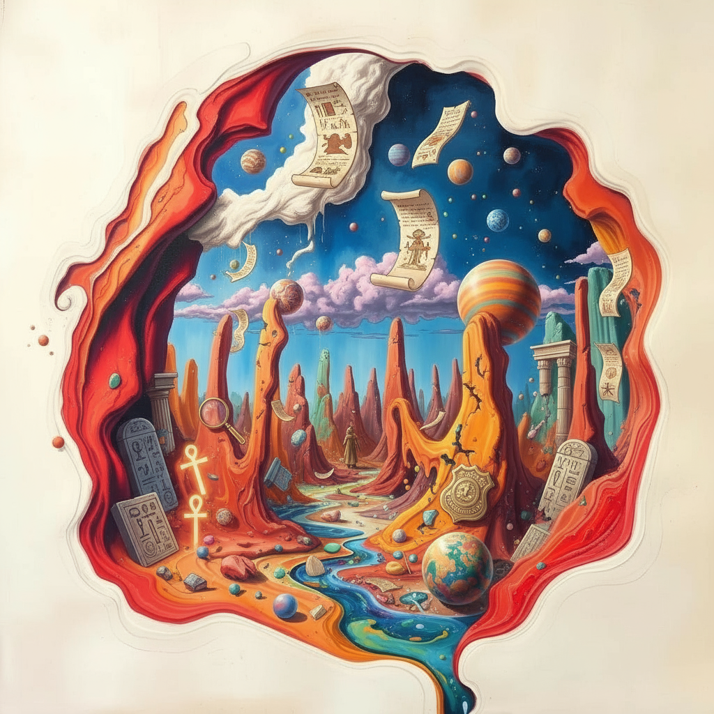 A surreal landscape with red rock formations, ancient scrolls, floating planets, and hieroglyphic stones under a starry sky, viewed through a circular portal with swirling edges.