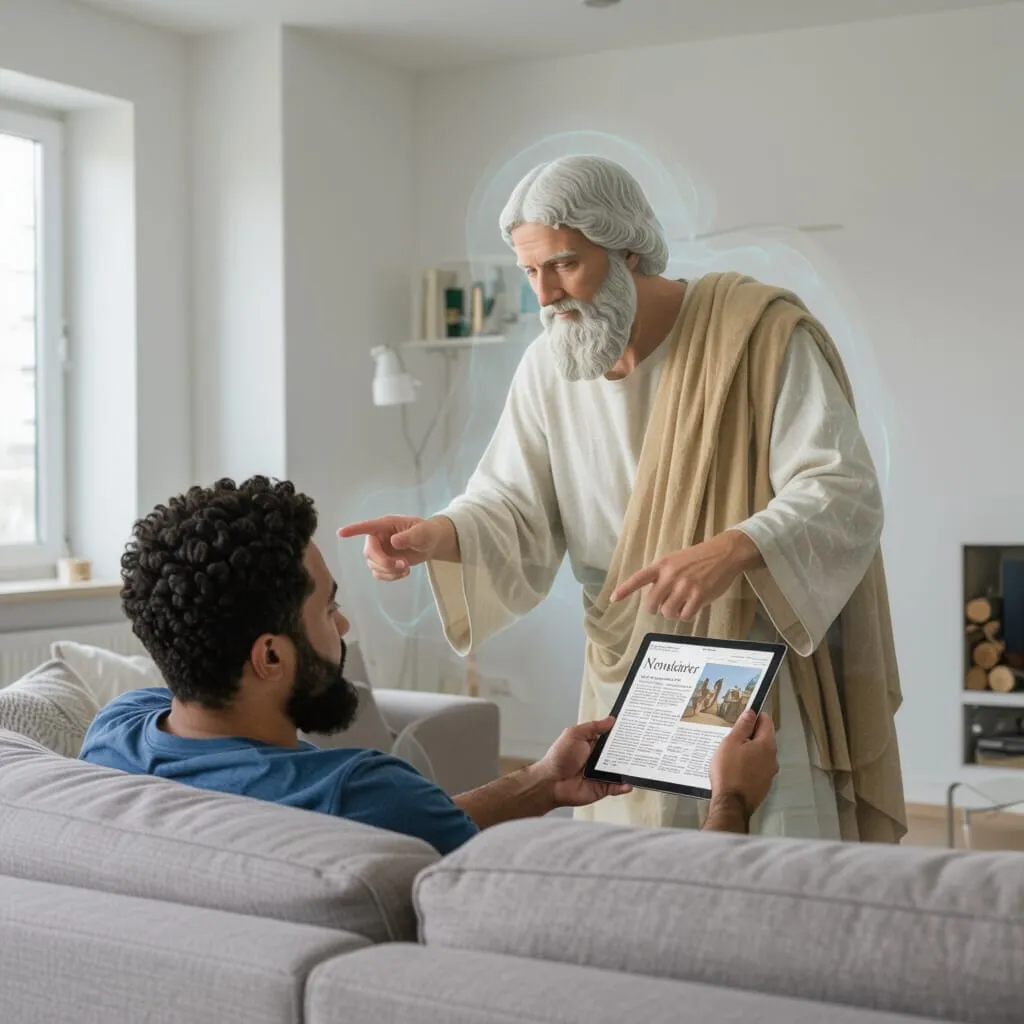 A man sitting on a couch holding a tablet is being pointed at by a glowing, translucent figure in ancient robes, standing in a modern living room.