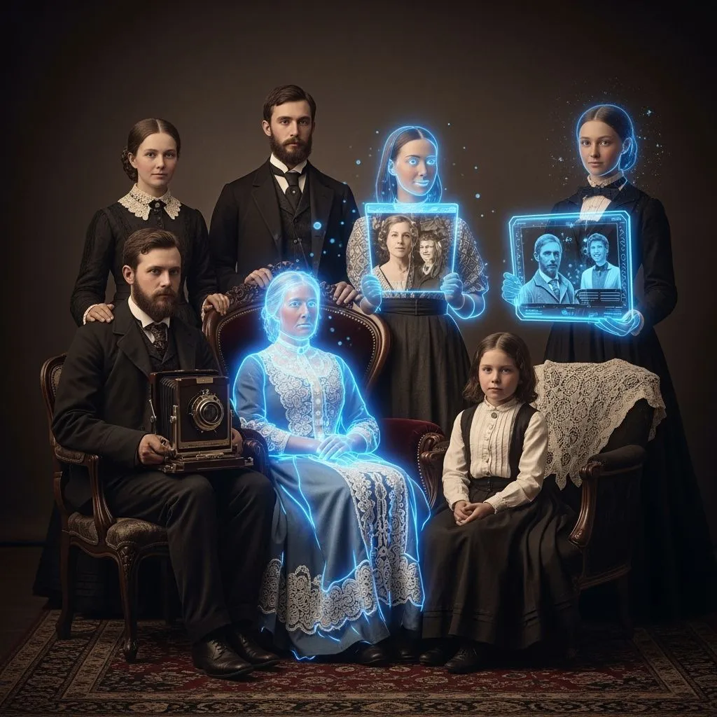 A vintage family portrait shows people in 19th-century clothing, with some members as glowing blue holograms holding digital frames displaying ancestral photos, blending old and futuristic elements.