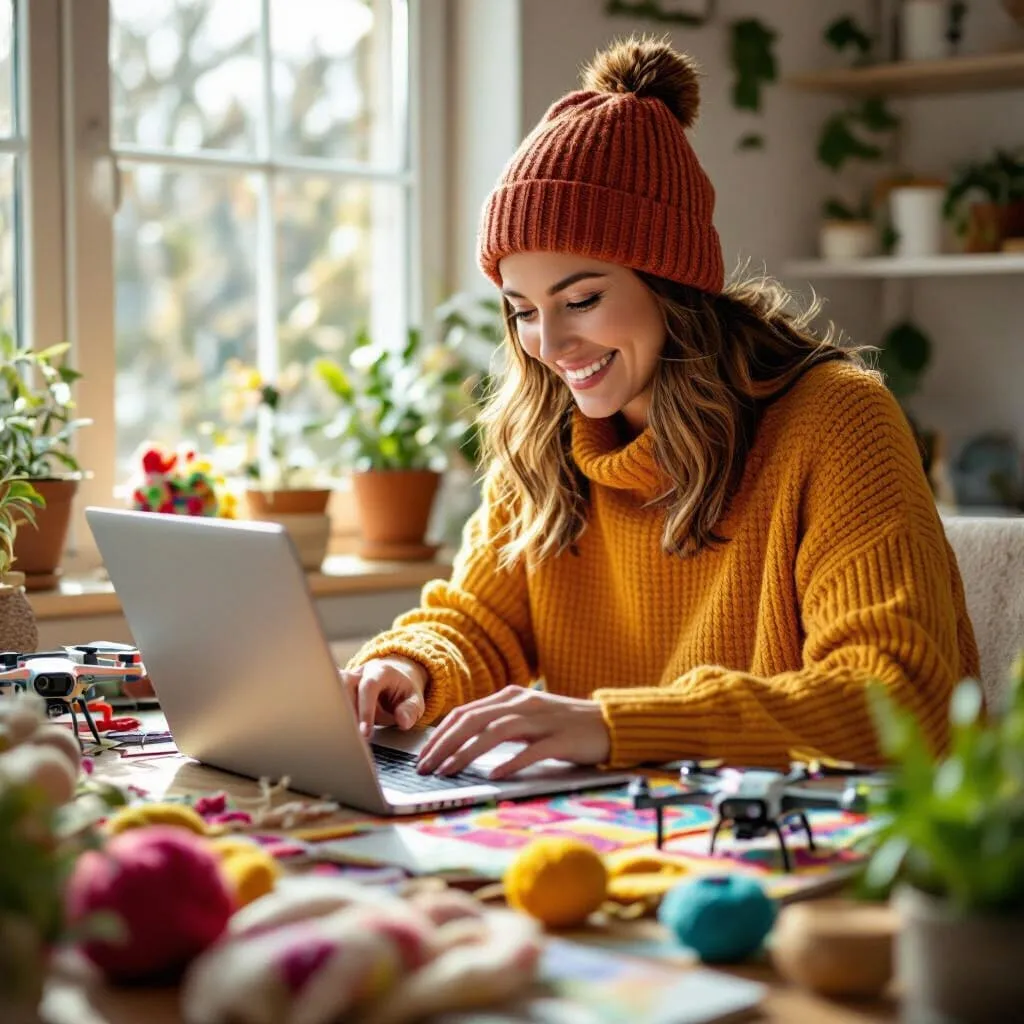 A woman wearing a warm orange sweater and knit hat smiles while using a laptop at a table covered in colorful yarn and crafts, with many potted plants on the windowsill in a bright, cozy room.