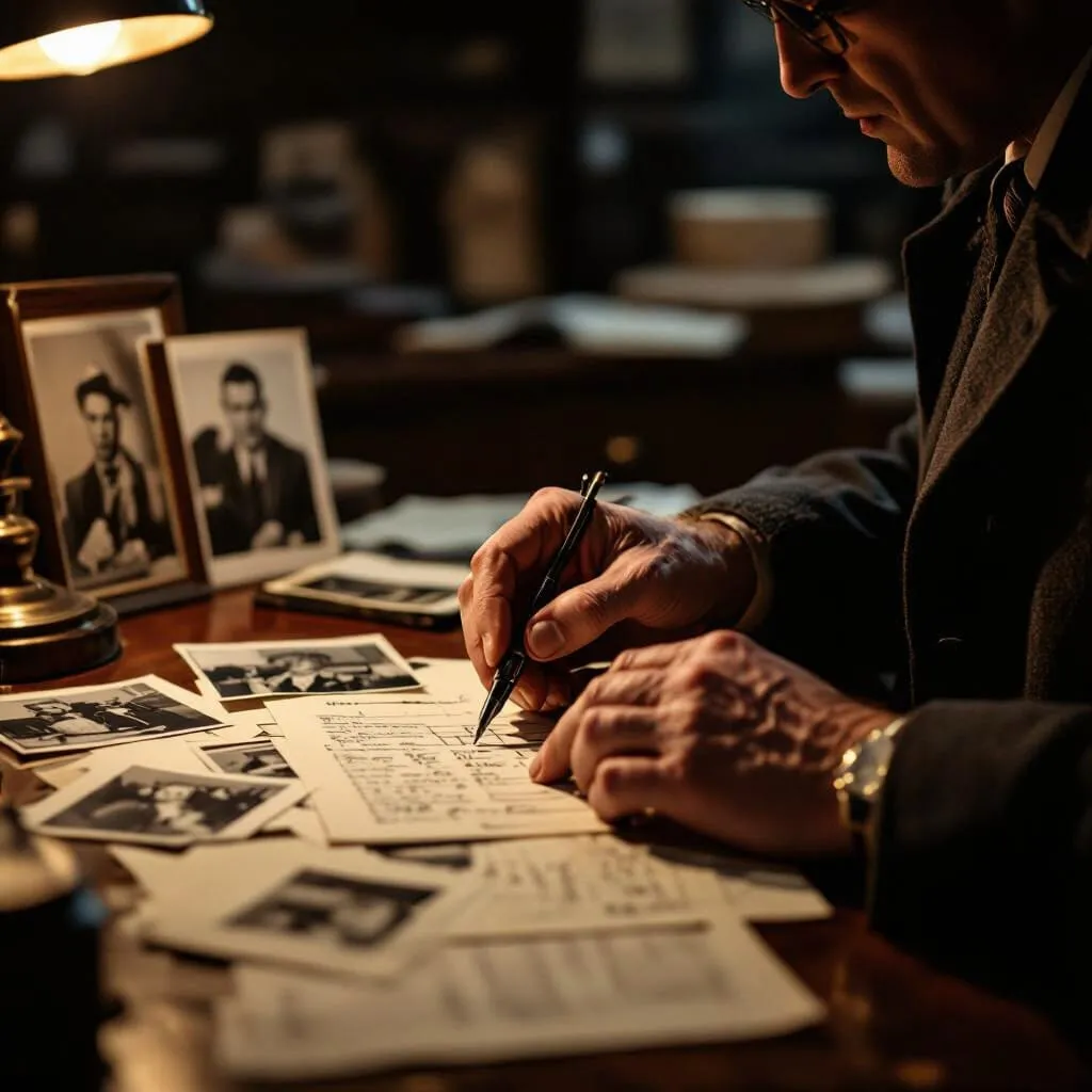 A person sits at a wooden desk, writing on papers surrounded by black-and-white photographs and documents. Old photos and a lamp add a vintage atmosphere to the dimly lit workspace.